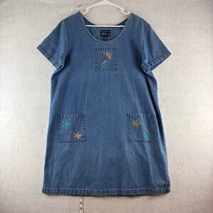 Blue J. 100% Cotton Y2K Sheath Dress 90's Large Denim Embroidered Beach Vacation